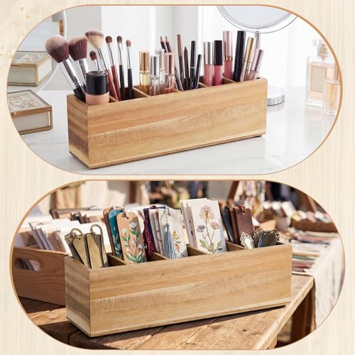Image of Jetec Wooden Pencil Pen Holder for Desk 6 Compartments Wood Office Desk Organizers for Countertop Adjustable Makeup Brush Organizer Silverware Caddy for Party, Home, Art Supplies (Acacia Wood)