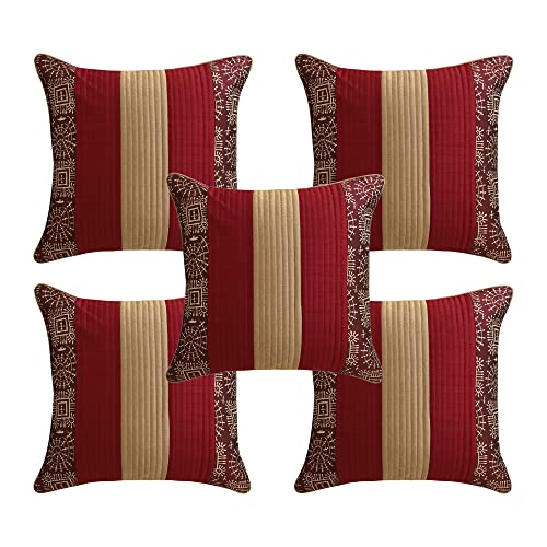 Image of Gifts Island Combo Silk Traditional Striped & Rajasthani Warli Golden Hand Printed Pillow Cushion Covers 16x16 inches Set of 5 & Round Pillow Bolster Covers Set of 2 16x32 inches (Dark Maroon)