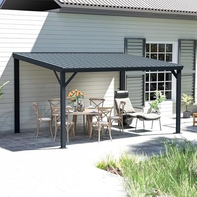 Domi 10' x 14' Lean to Gazebo, Wall Mounted Gazebos Pergola with Built in Drainage System, Galvanized Steel Roof, Hardtop Patio Shelter for Deck, Porch, Backyard and More