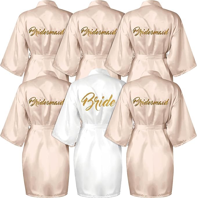 SWHCM 6 Stück Bride Morgenmantel Damen Bademantel Satin Kimono V Ausschnitt Nachtwäsche mit Gürtel für Hochzeit Party, Brauttag Morgenmantel,Braut Nachtwäsche