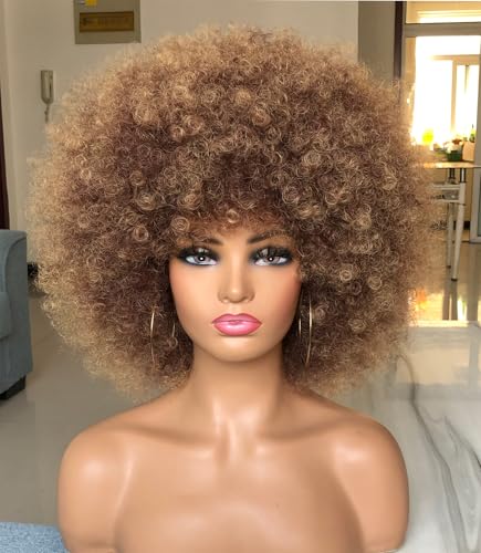 HIHOO Short Afro Wig with Bangs for Black Women Afro Kinky Curly Wig 70s Premium Synthetic Big Afro Wigs (Ombre Blonde)