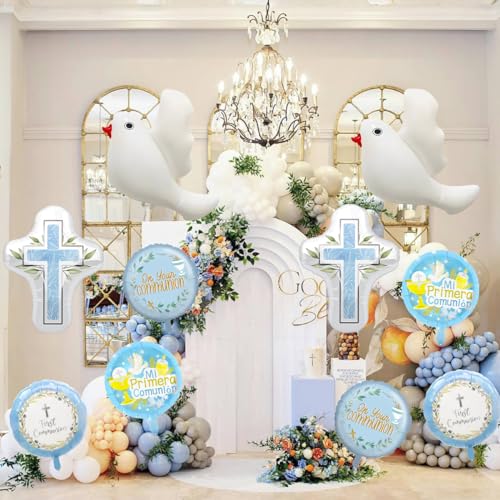 10Pcs First Communion Party Decorations Balloons, Baptism Party Foil Balloons for Toddler First Communion God Bless Christening Memorial Theme Birthday Baptism Party Decorations Supplies (Blue)