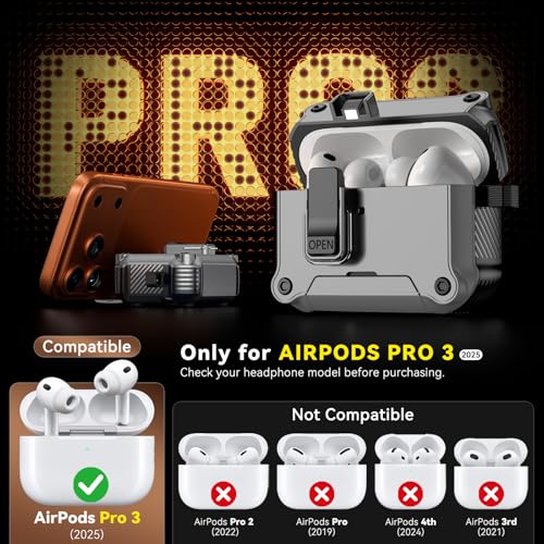 Image of Inesore for AirPods Pro 3 Case with Secure Lock (Silver) | Phone Stand Design,Compatible with MagSafe,Automatic Snap Switch Secure Cover with Cleaner Kit & Keychain