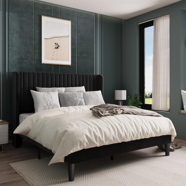HITHOS Solid Wood Modern Upholstered King Size Bed with Wingback Headboard | Wooden Double Bed Cot Palang Furture Without Storage (Black) -1 Year Warr
