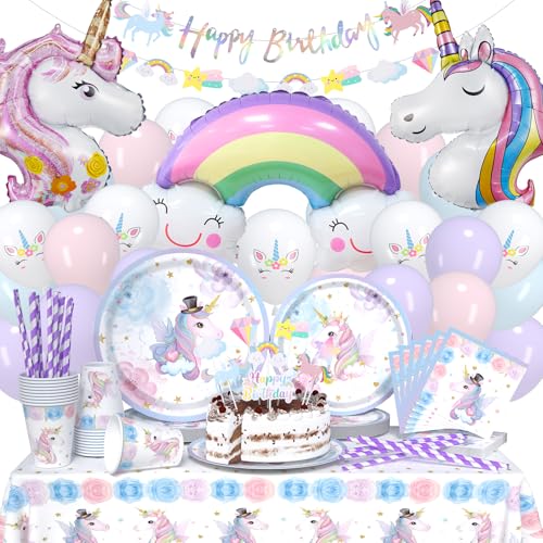 119 piezas unicornio fiesta vajilla juego de globos, fiesta de cumpleaños infantil arco iris...
