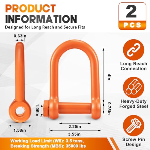 Image of 2 Pcs Screw Pin Long Reach Shackle, Long Reach Shackle with Painted Screw Pin, Clevis D-Ring Lifting Attachment, Professional Use, Industrial Alloy Steel (5 /8 Inch,Orange)