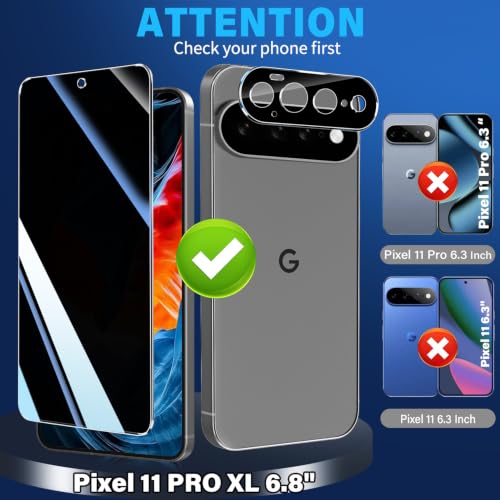 Image of 3 Pack Privacy Screen Protector for Google Pixel 11 Pro XL Tempered Glass + 2 Pack Camera Lens Protector, True 25Anti Spy, 9H Hardness, Fingerprint Unlock, Case Friendly Bubble-Free 6.8 Inch