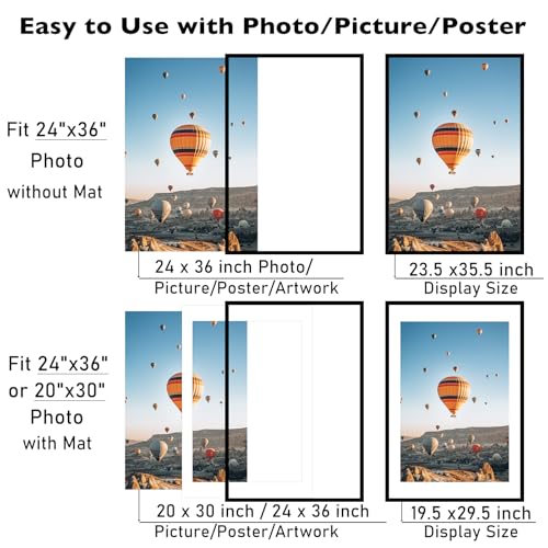 Image of JCJMY 24x36 Picture Frame with 20x30 Mat, Display Photo 20x30 with Mat or 24 x 36 Without Mat, Wall Hanging Large 24 by 36 Poster Frame with Plexiglass, Black
