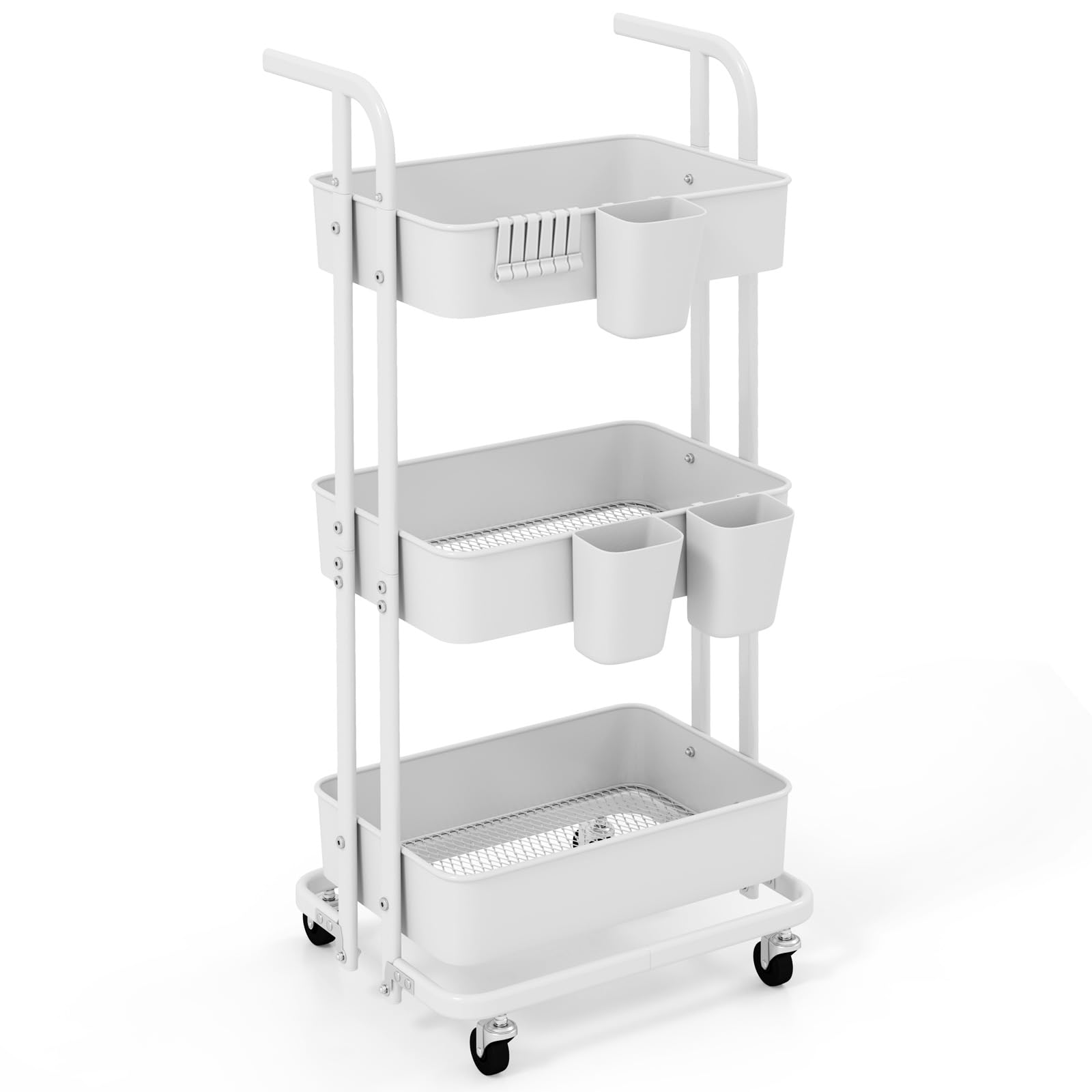 GOPLUS Carrito de Almacenamiento Plegable de 3 Niveles, Carro de Cocina Móvil con 3 Cubos Colgantes, 6 Ganchos, Ruedas Bloqueables, Carro de Servicio para Cocina, Sala de Estar, Comedor
