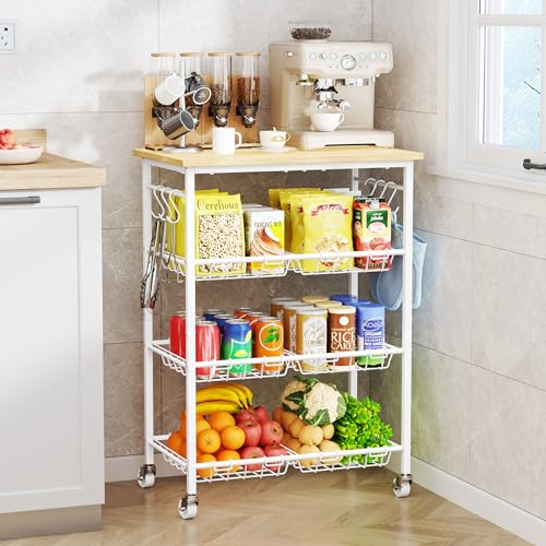 SWTYMIKI 24.4''x15.7'' Rolling Microwave Cart - 4 Tier Microwave Table Stand with 6 Storage Baskets, Coffee Bar with Wheels, Kitchen Utility Cart Shelf Rack Organizer for Vegetables, Potato, White