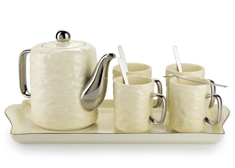 Service à café en céramique pour 4 personnes – Set avec théière, 4 tasses et plateau de service – Service à café en faïence crème – Idéal pour le service à café ou à thé