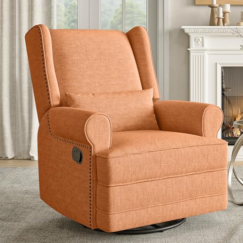Image of RoyalCraft Swivel Recliner Chair, Comfy Glider Rocking Chairs with Lumbar Pillow and Footrest, Upholstered Swivel Rocking Chair for Bedroom, Orange