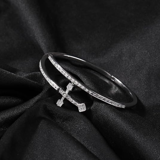 14K Gold Sword and Cross Design Bracelet, Mossanite Bangle, A Striking Symbol of Faith and Strength,Best Day Gift - Image 3