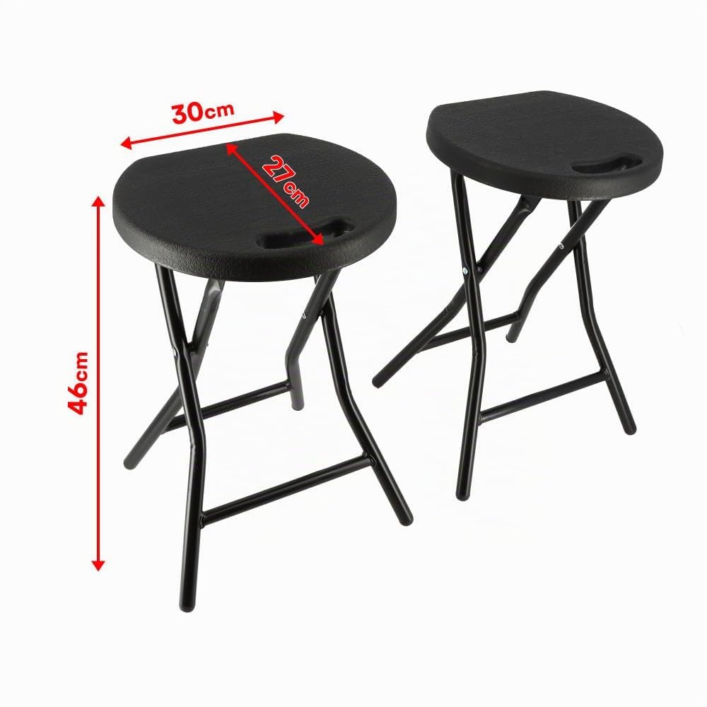 Tabourets pliants x2 - Ht 46cm - Tabouret pliable de Jardin, Terrasse, Balcon - Noir - Siège résine Structure Acier - Poignée