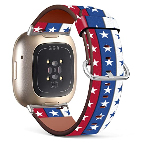 Mingdao Compatible with Fitbit Sense 2 / Sense / Versa 4 / Versa 3 Patterned Leather Replacement Band (July 4Th Patriotic Stars And Stripes Pattern)