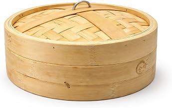 Bamboo Steamer Basket with Lid – 1 Tier Round | Traditional Wooden Steamer for Momos, Dim Sum, Dumplings & Vegetables | Eco-Friendly Bamboo Food Steamer for Healthy Cooking