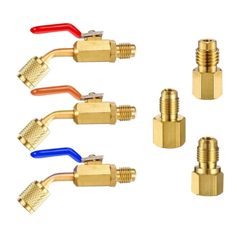Válvulas de cierre manual para refrigeración AC-HVAC, juego compacto de bolas angulares de cobre para mangueras de carga de refrigerante R410A, R134A, R12-R22 y adaptadores para bomba de vacío miniatura 1