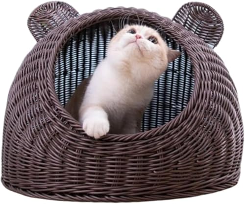 Ghbunuz 猫用 ペット キャットハウス ベット 猫用 ペット キャットハウス ベット 夏向け 風通し ペットベッド ペットハウス ベッドルーム 小屋 籠 持ち手付 ドーム型 小中型 昼寝 編み籠 室内用 夏用 籐製品 高級 ねこ ネコ 可愛い キャッ