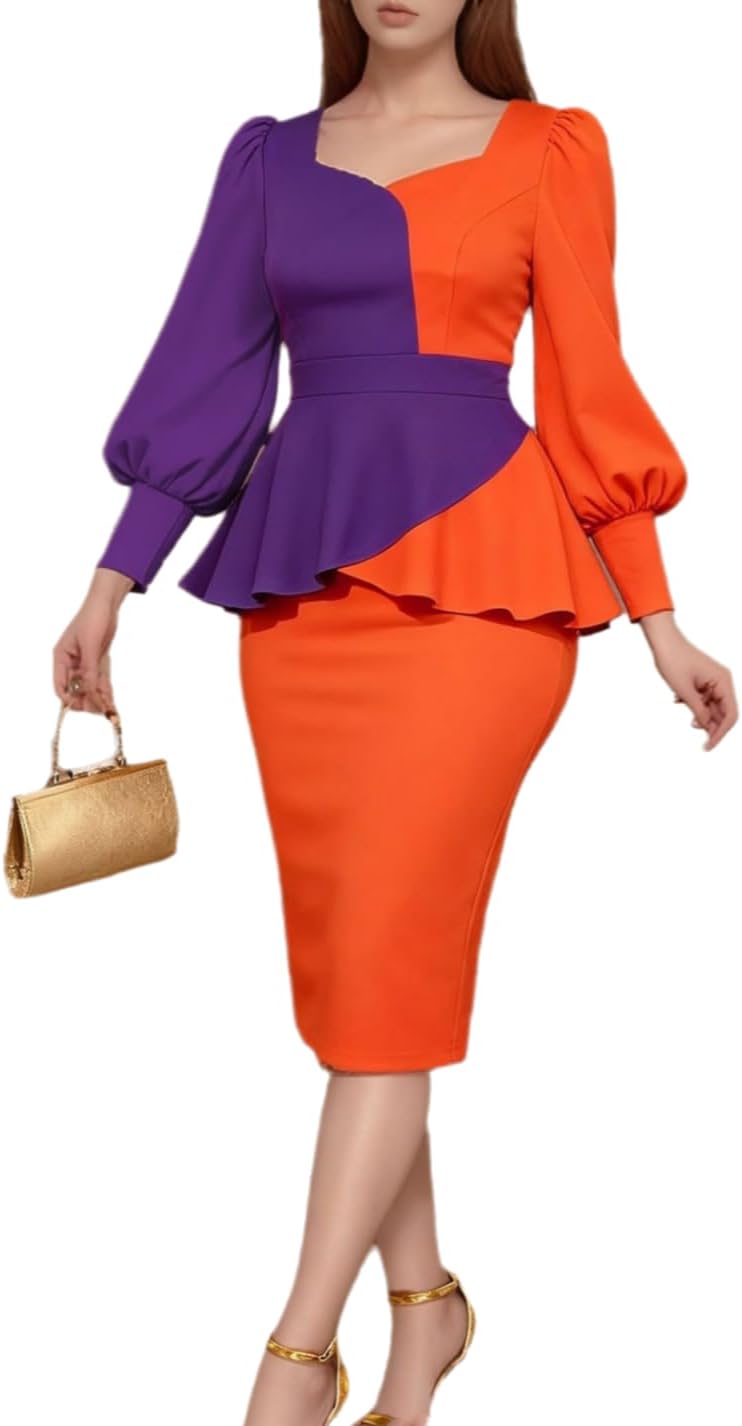 ONTINVA Women's Peplum Bodycon Long Sleeve Wear to Work Dresses Color Block Party Ruffle Formal Cocktail Pencil Dress