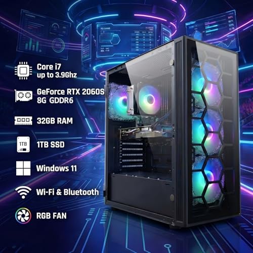 Image of STGAubron Gaming PC Computer Desktop, Intel Core i7 up to 3.9G, GeForce RTX 2060 Super 8G, 32G Ram, 1TB SSD, WiFi 6, BT 5.0, RGB Fan x4, Windows 11 Home