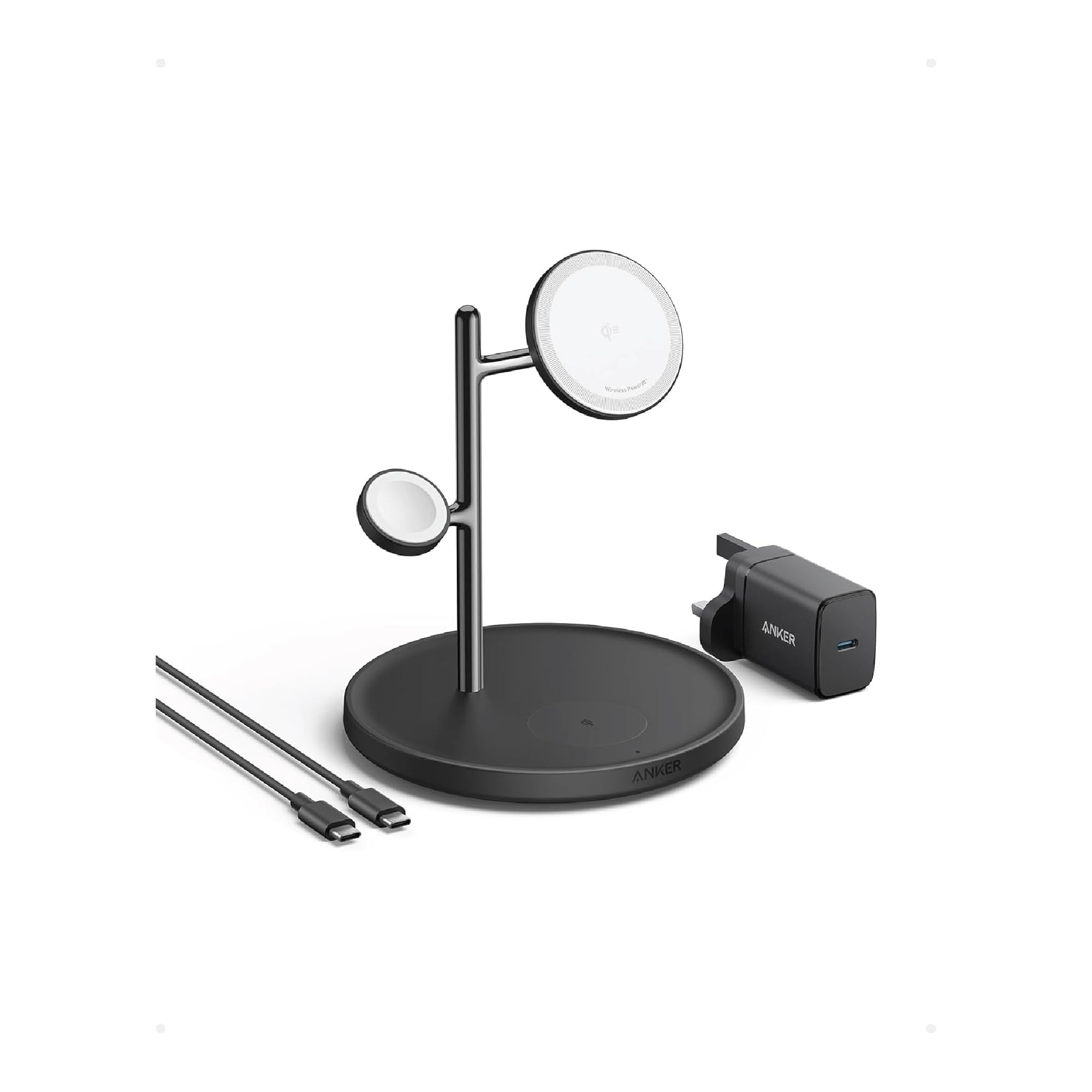 Anker 3-in-1 Wireless Charging Station, MagSafe Charger Compatible, Qi2 Certified 15W Wireless Stand, For iPhone 17/16 Series, AirPods Pro, Apple Watch Ultra (USB C Charger and Cable Included)