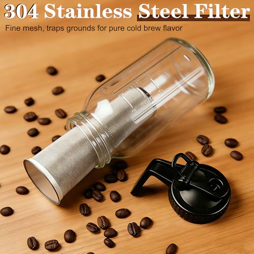Image of Cold Brew Coffee Maker, 32oz Mason Jar Pitcher with Airtight Lid and Stainless Steel Filter, 1 Quart Wide Mouth Glass Jar Cold Brew Coffee Kit Tea Infuser Pitcher, Coffee Lovers Gifts for Men /Women
