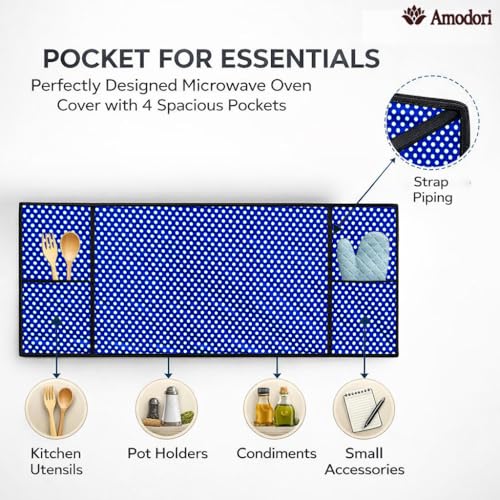Image of Microwave Oven Top Cover 35x100 cm | Wipe Clean Fabric | 4 Utility Pockets (Polka-13)