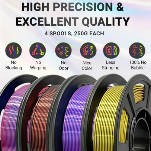 Image of Tricolor Silk PLA+ 3D Printer Filament Bundle, Shiny Silk PLA+ Filament 1.75mm Pack, Shiny Multi Color Change, Smooth Multicolor PLA+ Filament for Christmas Decorations - 4 Spools 250g Each