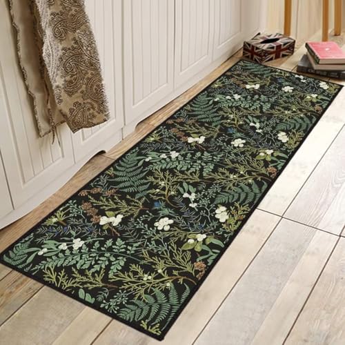 Black Green Runner Rug for Hallway 2x6,Botanical Print Runner Rug for Entryway,Plant Leaf Printed Area Rugs Non-Slip Throw Floor Carpet for Bedroom Entrance Door Mat Washable Kitchen Rugs Runners
