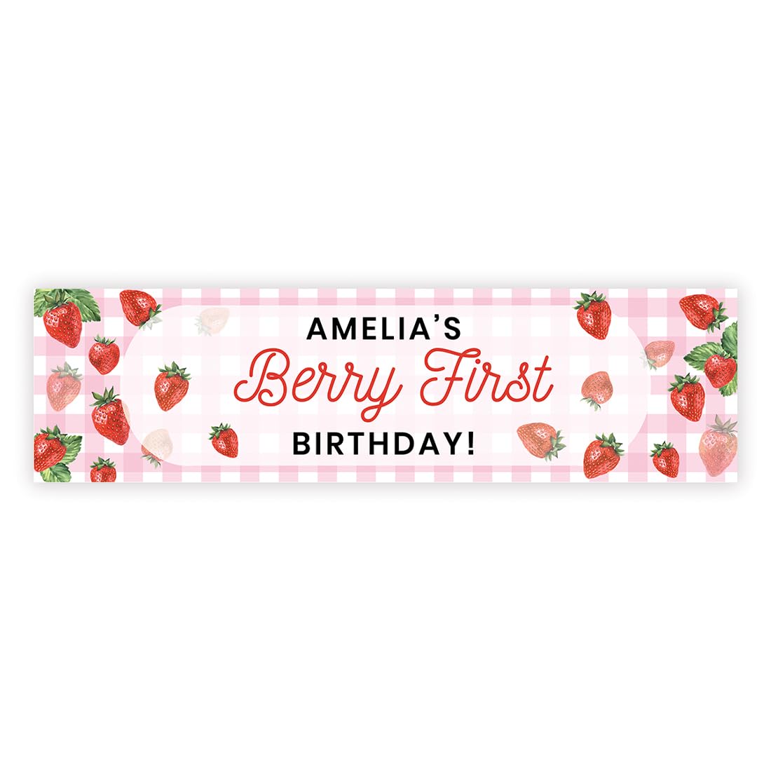 Andaz Press Personalized Berry First Birthday Decor, Pink Plaid Custom Strawberry Party Decorations Happy Birthday Banner, First Birthday Banner For Girl, Strawberry Birthday Decorations Backdrop