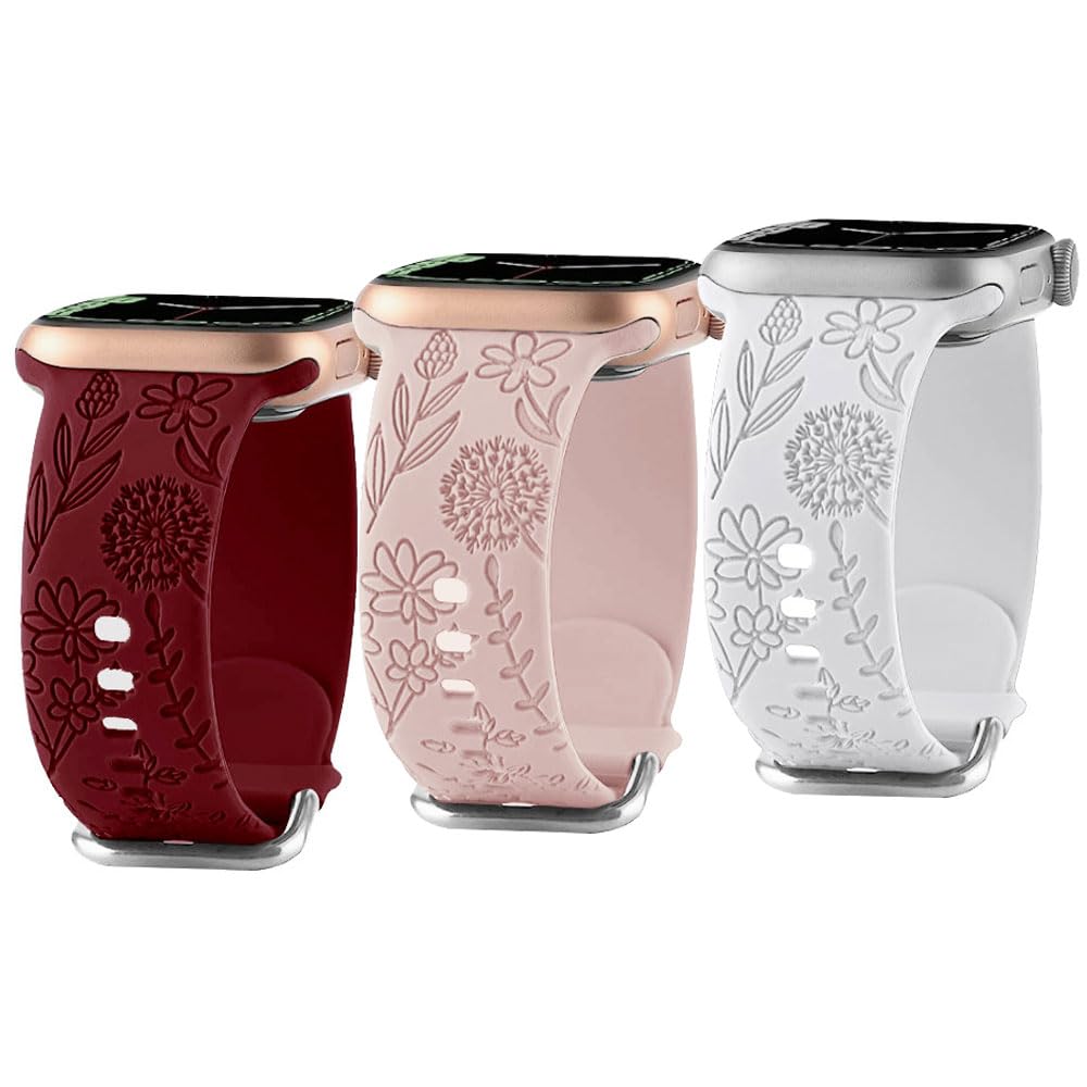 Funito 3 Pack Floral Engraved Bands Compatible with Apple Watch Band 38mm 40mm 41mm Women,Soft Silicone Cute Wildflowers Sport Laser Strap for iWatch Bands Series Ultra SE 8 6 5 4 3 2 1
