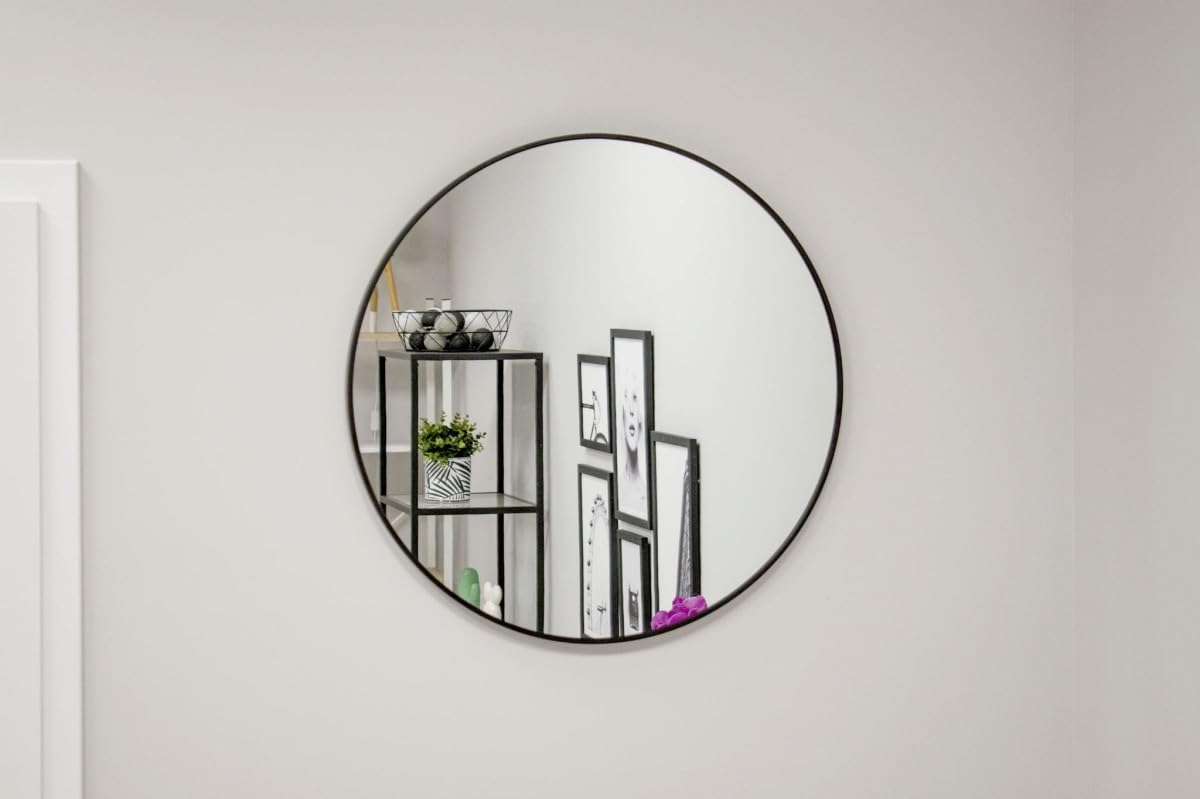 Espejo Decorativos de Pared Redondo 80 cm - Marco Negro para Sala de Estar y Dormitorio