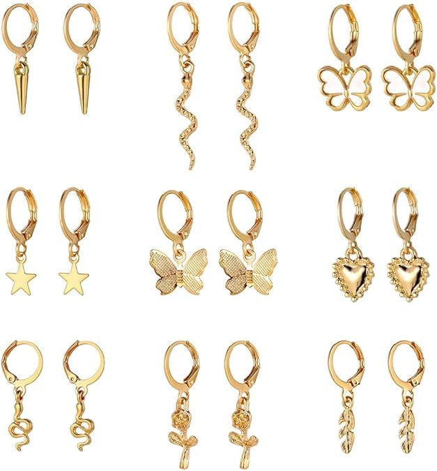 El Regalo 9 Pairs Gold Earrings Combo Set for Women Girls- Hypoallergenic Fashion Heart, Butterfly, Snake, Pearl, Star, Flower, Leaf Dangle Earrings- Multipack Hoop Earring Jewelry (B0D1FXL6VX) Amazon Price History, Amazon Price Tracker