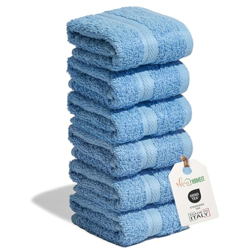 nice homeit - Set 6 Lavette 30x30 cm – Mini Asciugamani viso e ospiti 100% cotone ad anello – Morbide, Assorbenti, Lavabili – Per Bagno, Cucina, Trucco e Viaggio – Made in Italy (Azzurro)