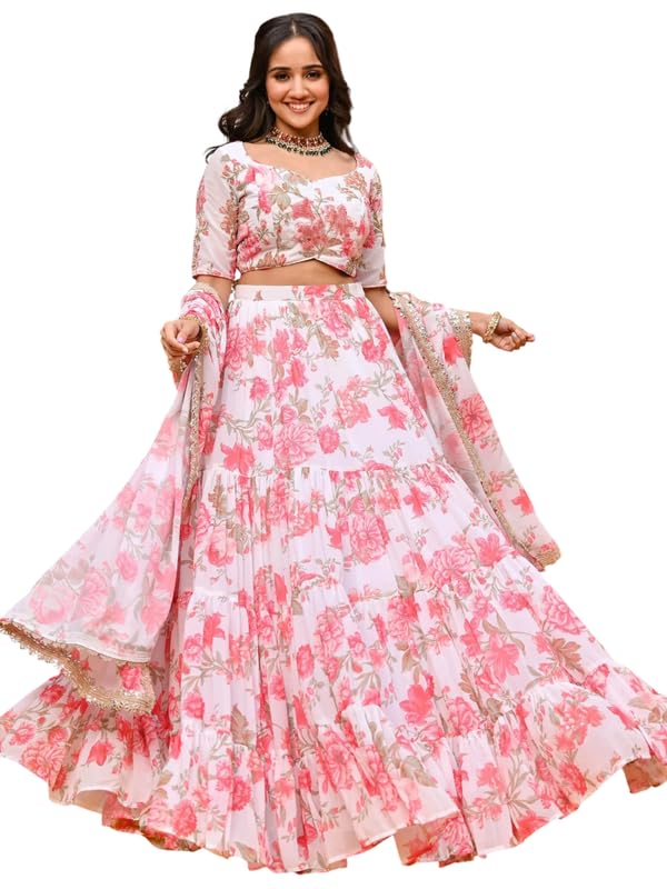 kaizen texo fab Pink Floral Faux Georgette Lehenga Choli Set with Dupatta for Women | 4 Layer Ruffle Skirt, Gota Patti Lace, Zari Border | Festive & Wedding Outfit (RED NWHITE)-picture-38