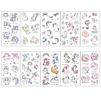 Cartoon Unicorn Temporary Tattoos,Cute Tattoos sticker for Kids for Birthday Party or School Show,Mermaid DIY Decoration,Unicorn Tattoos for Kids,10pcs
