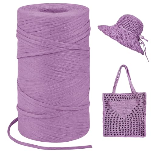 Image of Light Purple Raffia Yarn for Crochet Bags, 3mm x 328 Yards Flat String Raffia Ribbon for Gift Wrapping, Raffia Paper Ribbon Yarn for Crocheting Sun Hat, Bag, DIY Crafts, Holiday Decoration