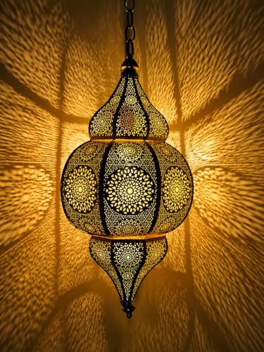 Image of Gold Vintage Moroccan Hanging Lantern | 20 Inch Ceiling Pendant Chandelier Lamp for Home Decor | Antique Golden Finish Indoor Outdoor Decorative Lighting Fixture | Pack of 1