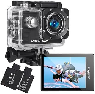 Jadfezy Action Camera 1080P 30fps, Fotocamera Subacquea Impermeabile 30M, Sports Cam con Due 900mAh Batterie Ricaricabili e Kit Accessori