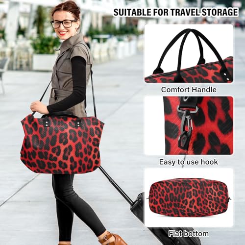 Duffel Bag Set for Travel Gym Sport, Weekender Bag Carry on Overnight Bags for Women Men-Red Leopard Print4