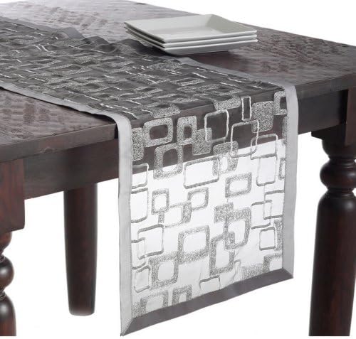 Fennco Styles Mondrian Embroidered Geometric Design Rectangular Table Runner (Silver, 16"x90")