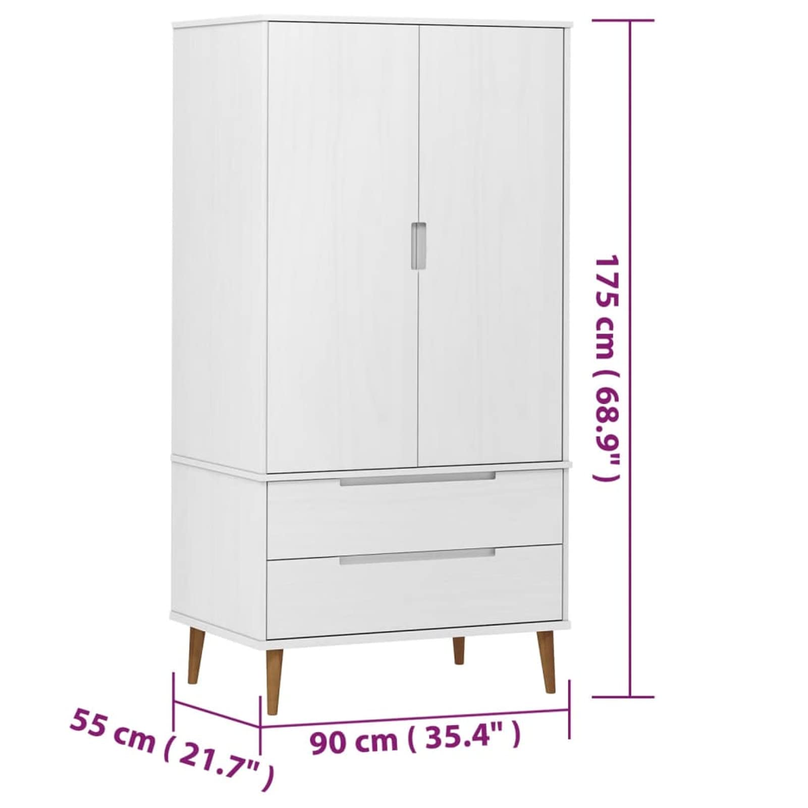 Homgoday Penderie avec grand espace de rangement - En bois de pin massif - Blanc - 90 x 55 x 175 cm
