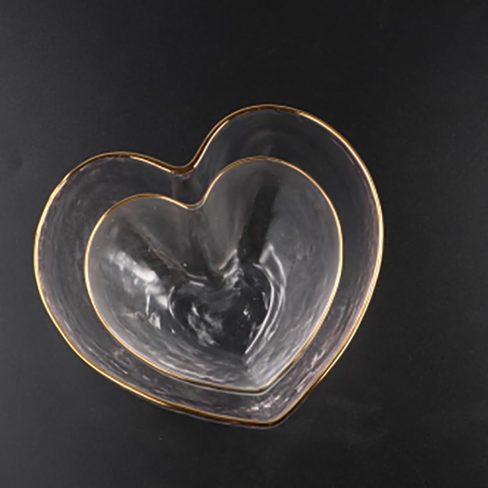 2Pcs Heart Shaped Glass Bowls, Creative Clear Serving Bowls Set with Golden Rim Love Bowl Irregular Bowls for Fruits Salad Dessert Ice Cream Kitchen Tool