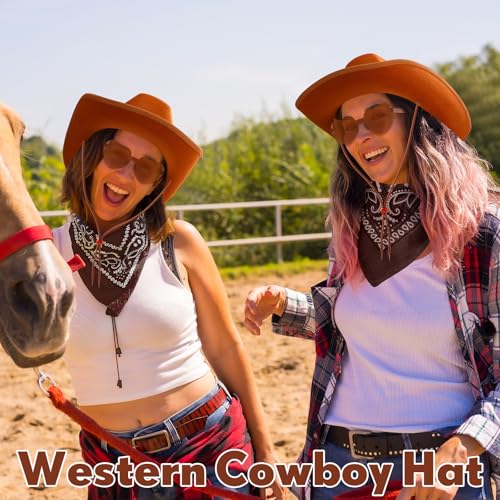 Image of Coume 6 Sets Cowboy Hat with Heart Sunglasses and Paisley Bandanas Western Cowgirl Hat for Cosplay Costume Adults(Pink,Brown)