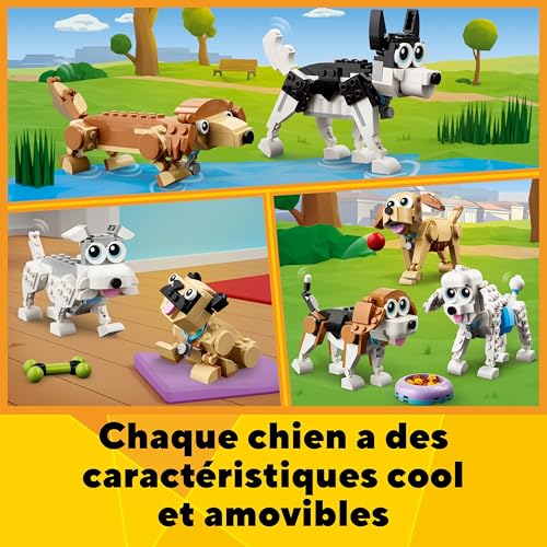 LEGO 31137 Creator 3-en-1 Adorables Chiens, Figurines de Teckel, Carlin, Caniche, Jouet de Construction pour Enfants Dès 7 Ans, Cadeau pour Les Amoureux des Chiens