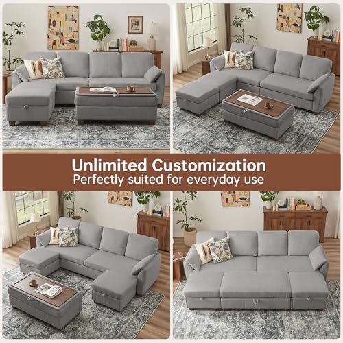 Image of Convertible Sectional Sofa with Storage Ottomans & Coffee Table, Modern Corduroy Fabric, U-Shaped Couch with Dual Ottomans Chaise & Long Bench, Sofa Set Couches for Living Room, Light Grey