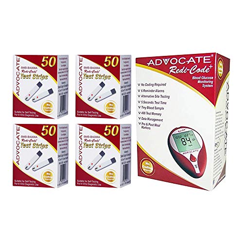 Advocate Redi-Code+ Test Strips Package - 4 Boxes (200ct) with Non-Speaking Blood Glucose Meter
