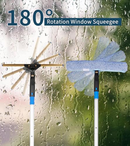 Image of Window Cleaning Kit, Swivel Squeegee & Scrubber with Extension Poles, Foldable Bucket, Blendable Duster, 2 Scrubber Pads & Cleaning Cloth, Glass Scraper Cleaning Tool Kit for Window Glass Mirror Car
