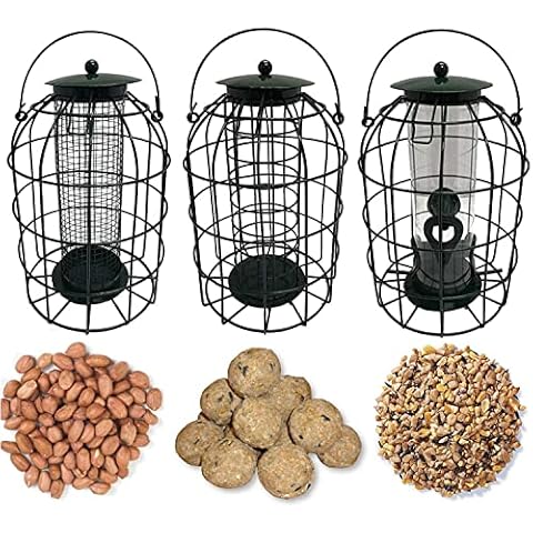 Simply Direct Set of 3 x Squirrel Resistant Guard Nut, Seed & Fat Ball Bird Feeders - With 1KG bag of Peanuts, 1KG bag of Mixed Seeds and 6 Suet Fat Balls Wild Bird Feed Cover