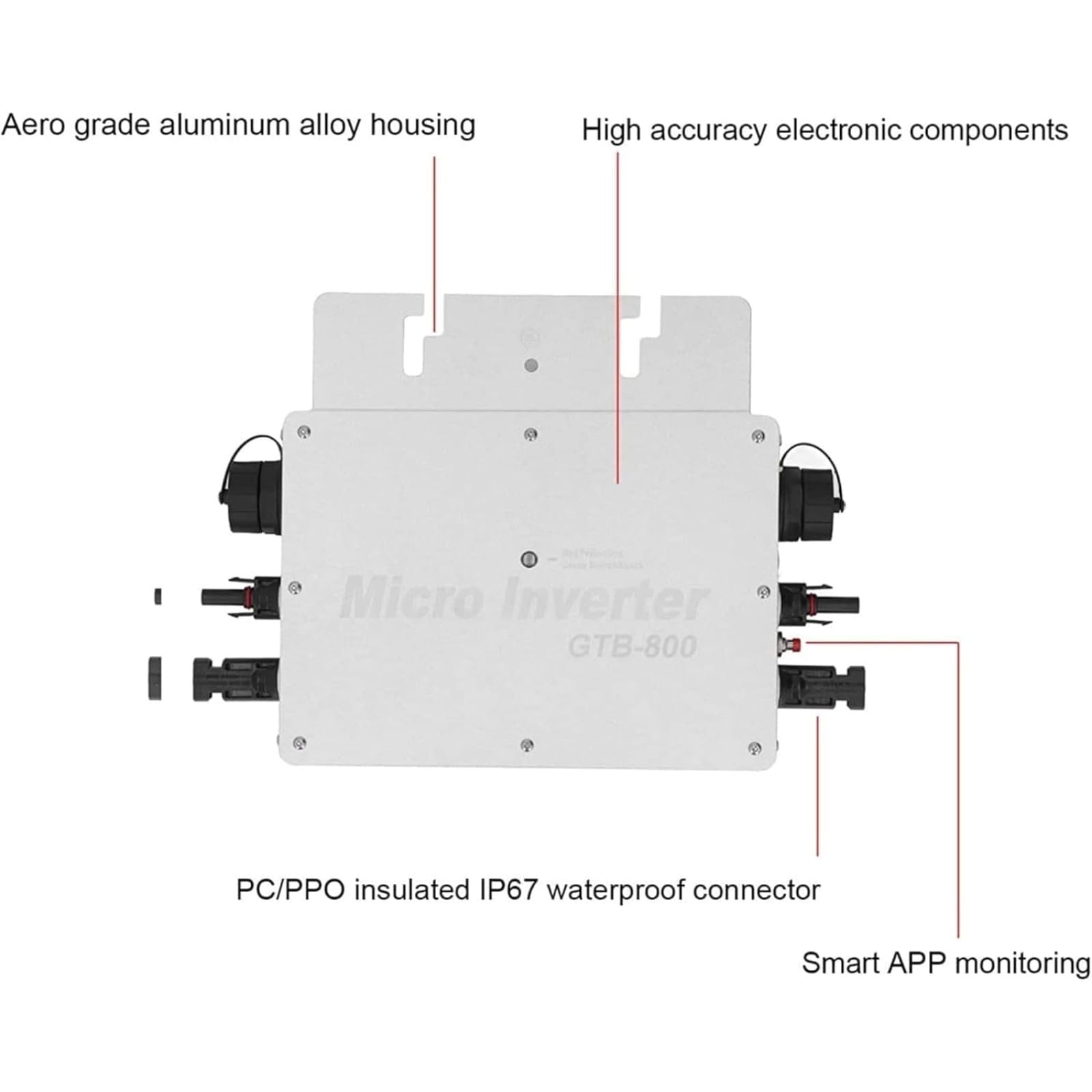 Inversor de red de 800 W, micro inversor impermeable, inversor de red solar, control WiFi, inversor CC a CA 120, 230 V, identificación automática IP65, resistente al agua